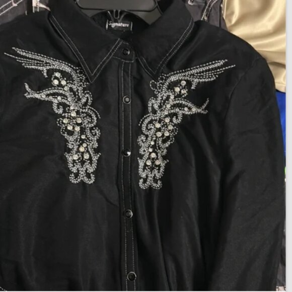 NEW Women's Buckle Black Long Sleeve Blouse Y2K Gem Stone Snaps Crystals Western - Picture 10 of 13